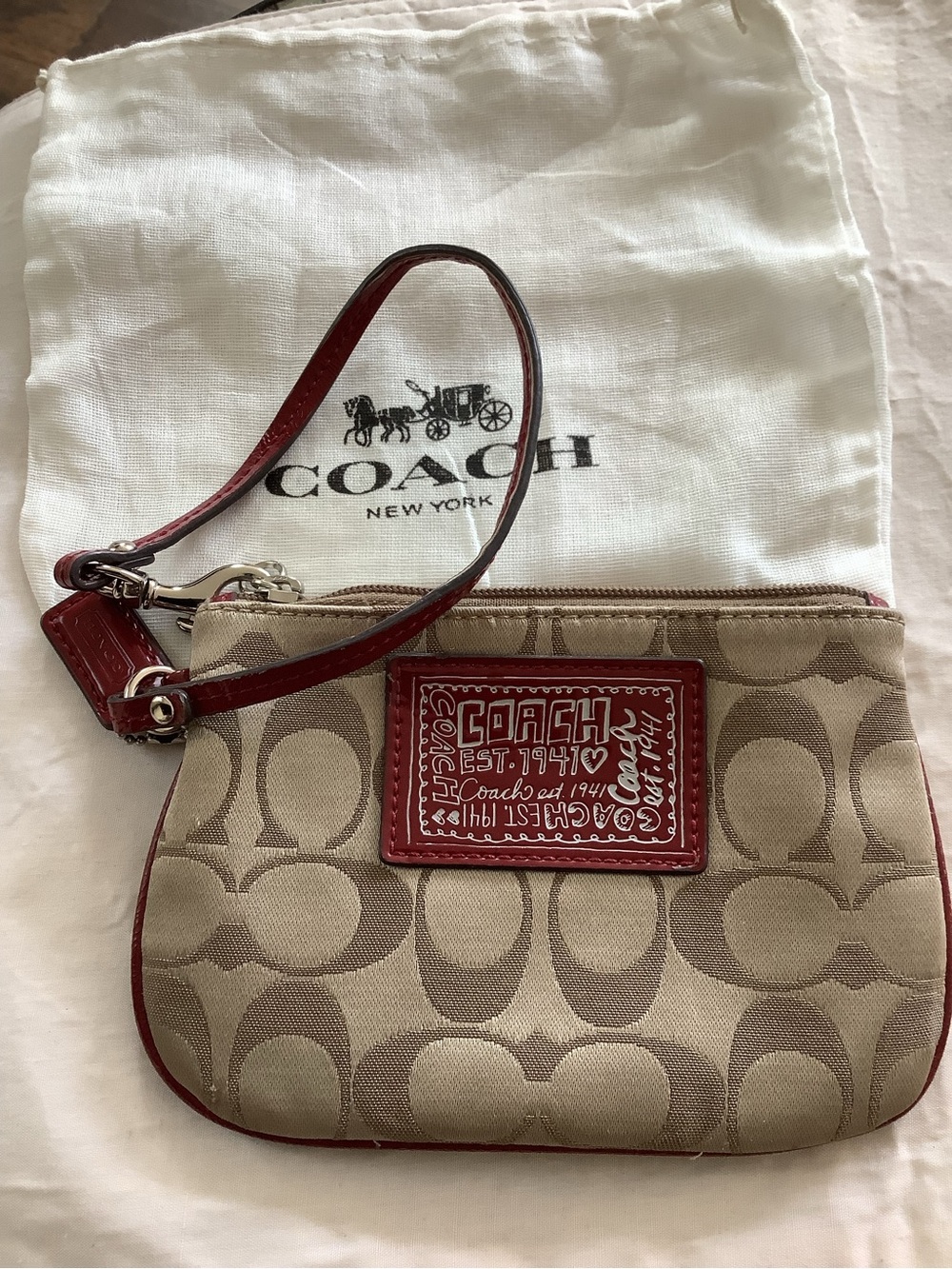Coach Signature Canvas Wristlet in Khaki with burgundy Trim